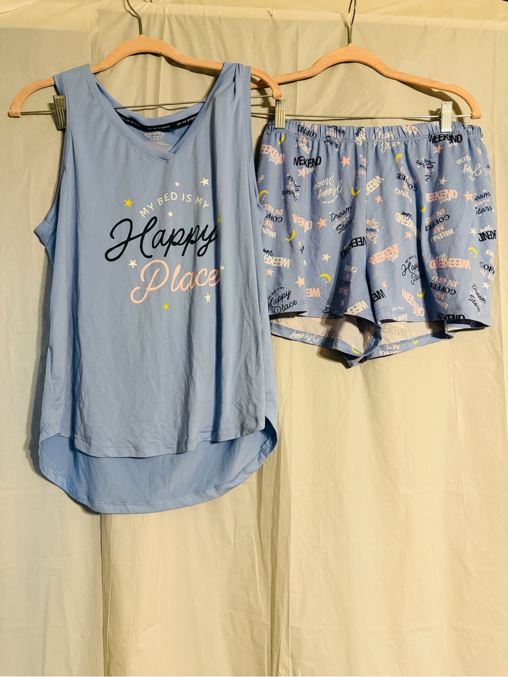Joyspun Dreamy Soft Pajama Set Women’s L 12-14 Blue Happy Place Tank Shorts